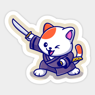 Cute Cat Samurai With Sword Cartoon Sticker